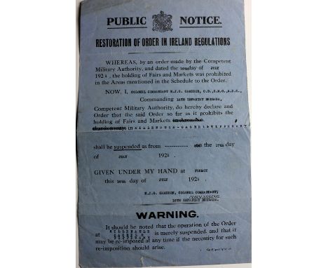Co. Tipperary: Public Notice. Restoration of Order in Ireland Regulations, July 1921. Order issued by N.J.G. Cameron, Col. Co