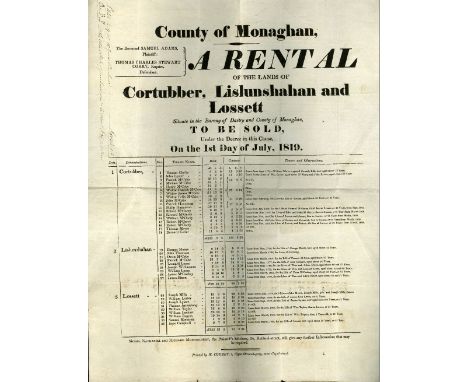 Co. Monaghan: Broadside Poster - Rental of the Lands of Cortubber, Lislienshahan and Lossett, Situate in the Barony of Dartry