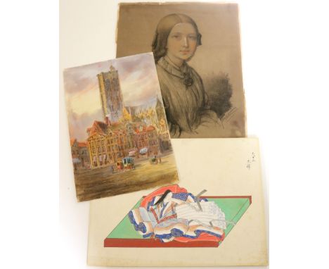 Watercolours: A group of 3 watercolours, one of Continental Street Scene, Malines, signed E. Nevil; another, Portrait Study o