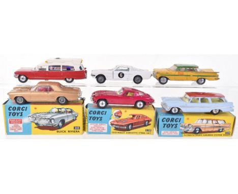 Three Boxed Corgi Toys  U.S.A Cars, 245 Buick Riviera, gold body, red interior, spoked wheels,310 Chevrolet Corvette Sting Ra