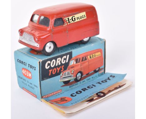 Corgi Toys 403M Bedford 12 cwt Van “K.L.G. Plugs”, red  body, flat spun wheels, in fair to good original condition, with work