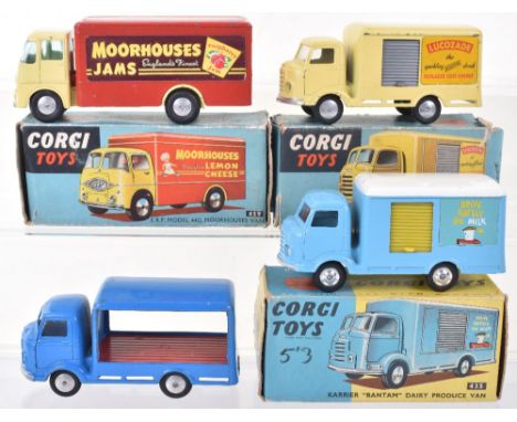 Corgi Toys 459 E.R.F Model 44G Moorhouse Jams Van, lemon cab, red back, 411 Karrier Bantam Lucozade Van, lemon body (box miss