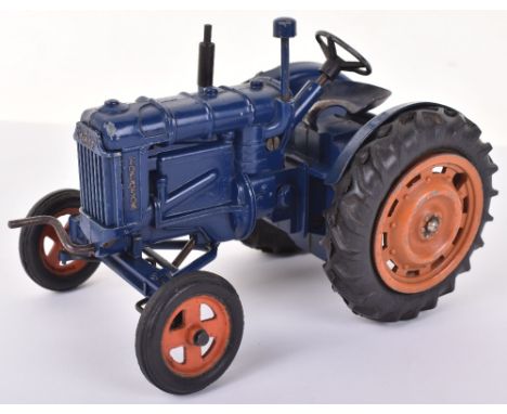 Chad Valley Large Scale Fordson Major Tractor, dark blue diecast/tinplate body, orange wheel hubs, working clockwork motor, i