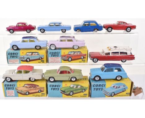 Ten Vintage Corgi Toys, boxed: 216 Austin A.40 Saloon, 217 Fiat 1800, 222 Renault Floride, (box is missing one end flap) 232 