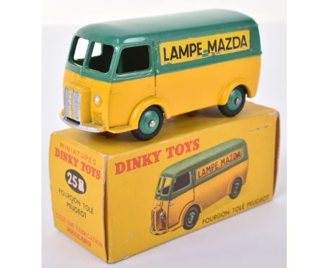 French Dinky Toys 25B Peugeot D.3.A Van ‘Lamp Mazda’  yellow/green body, green ridged wheel hubs, in near mint original condi