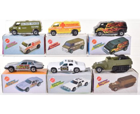 Six Scarce Mattel Mebetoys Flying Colors, no.2012 Jaguar XJS, no. 2019 Highway Patrol, no.7449 Super Van,no.7661 paramedic, n