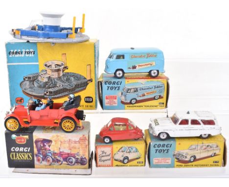 Corgi Toys 1119 H.D.L. Hovercraft SR-NI, blue/white/silver body, 233 Heinkel Economy Car, red body, lemon interior, flat spun