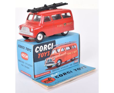 Corgi Toys 405M Bedford “Utilecon” Fire Tender”, red  body, flat spun wheels ‘Fire Dept” in mint  original condition, with wo