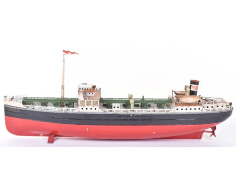 Scarce Fleischmann (Germany) Tinplate Clockwork Single Funnel 'Esso Tanker Shipping Company ' circa 1930s red/black hull, gre