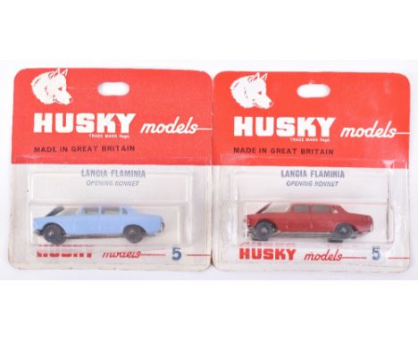 Two Carded no 5  Lancia Flaminia Husky Models, Scarce red body, yellow interior, dark  grey plastic wheels and light blue bod
