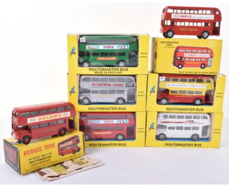 Seven Budgie Toys Routemaster Buses, Esso Uniflo, Esso Golden, with leaflet, Houses of Parliament, white ‘DHL’ silver ’25 fai