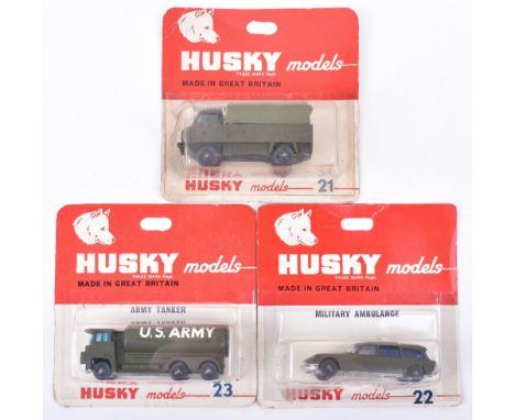 Three Carded Husky Military Models, 21 Forward Control military Land Rover, dark grey plastic wheels, 22 Citroen Safari milit