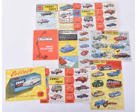 Corgi Toys Leaflets,1957 four fold leaflet, 1960 two page leaflet (some creases),1962 leaflet, 1962 two fold check list, 1964