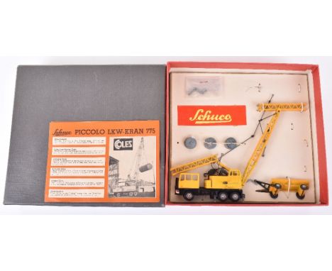 Schuco Piccolo 775 Coles LKW Lorry Mounted Crane, 1:90 Scale, yellow/black body, boom sections, trailer, in very good to exce