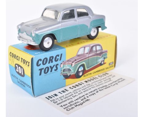 Corgi Toys 201 Austin Cambridge Saloon, body, flat spun wheels, in near mint original condition, original blue/yellow box is 