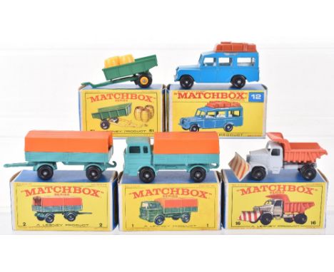 Five Boxed Matchbox Regular Wheel Models, 1e Mercedes Truck, 2d Mercedes trailer, 12c Landrover Safari blue body, in F type b