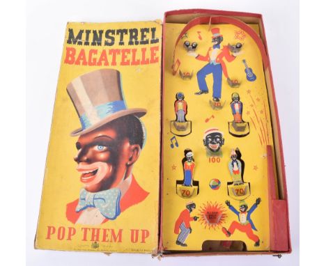 Scarce Chad Valley Minstrell Bagatelle Game, made in England Pop Them Up Game, card bagatelle with colourful graphics, with f