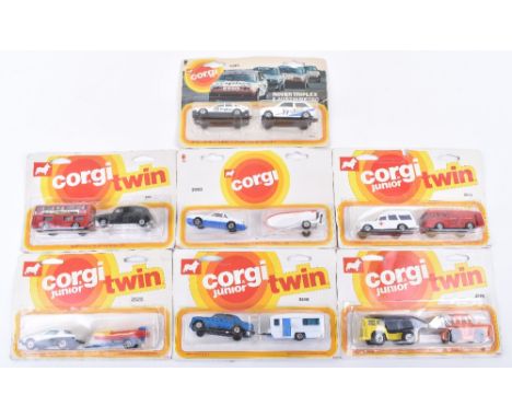 Seven Corgi Juniors Twin Packs, 1980’s issues,2501 London Bus &amp; taxi, 2513 Mercedes Benz ambulance &amp; ERF fire tender,