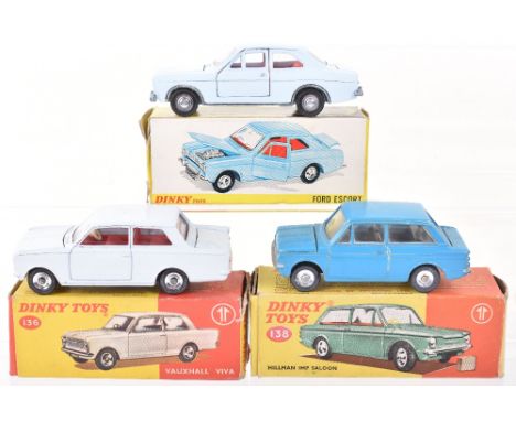 Three Boxed Dinky Toys, 136 Vauxhall Viva, white-grey body, red interior, spun wheels, 138 Hillman Imp Saloon (repainted) and