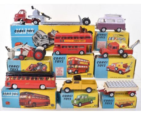 Eight Boxed Vintage Corgi Toys, 53 Massey Ferguson 65 Tractor with shovel (missing one end flap) 100 Trailer with milk churns