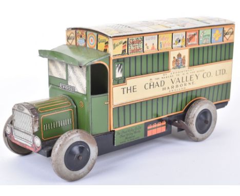 Chad Valley Tinplate Clockwork Games Dennis Delivery Van, CV 10032, circa 1946-49, lithographed tin plate, various game box l