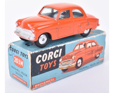 Corgi Toys 203M Vauxhall Velox Saloon, Scarce burnt orange body, flat spun wheels, in good original condition, some paint chi