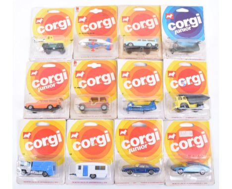 Twelve  Carded Corgi Juniors,1978 issues, 8 Rover 3500,7 Dump truck, 12 Jeep,35 airbus,40 Army air bus,  2 x  51 Volvo 245DL,