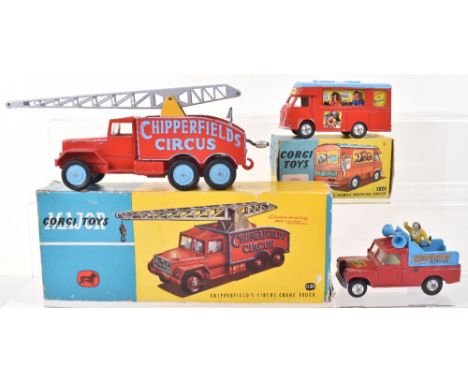 Three Corgi Toys Chipperfields Circus Models,426 Chipperfields Circus mobile booking office, shaped spun wheels, 1121 Chipper