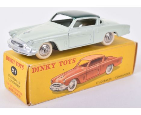 French Dinky Toys 24Y Studebaker “Commander” light green body, dark green roof, plated ridged wheel hubs, in mint original co