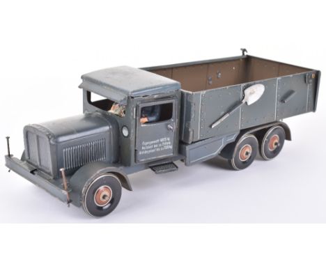 Tipp &amp; Co. Tinplate German Army Six-Wheel Truck, lithographed body, six balloon tyres, two composition figures,  opening 