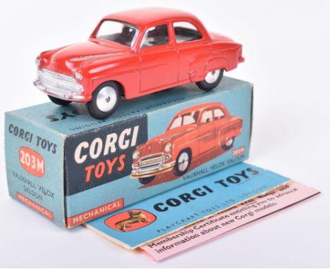 Corgi Toys 203M Vauxhall Velox Saloon, red body, flat spun wheels, in near mint original condition, with working mechanical m