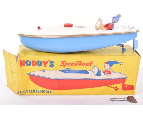 Boxed Sutcliff Noddy’s Speedboat, light blue hull, white deck, with original plastic figure of Noddy, Sutcliffe model made in