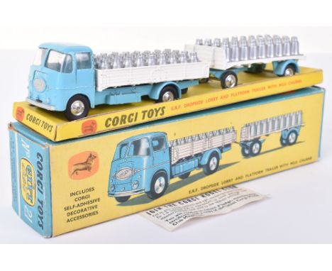 Corgi Toys Gift Set 21 E.R.F. Dropside Lorry and Platform trailer with Milk Churns, light blue/white, shaped spun wheel hubs,