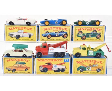 Six Boxed Matchbox Regular Wheel Models, 13d Dodge wreck Truck, red hook,19d Lotus racing car,  27d Mercedes 230SL, a couple 