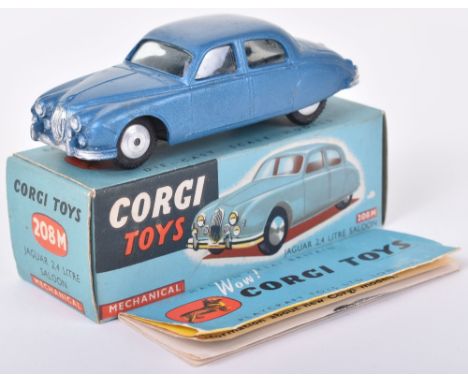 Corgi Toys 208M Jaguar 2.4 Litre  Saloon, metallic blue body, flat spun wheels, in near mint original condition, with working