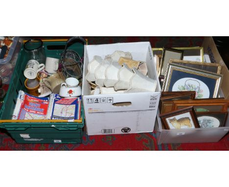 Three boxes of miscellaneous including mixed pottery, framed prints, road maps, lamp shades etc.