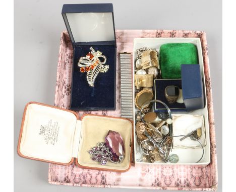 A box of mixed costume jewellery including silver and amethyst effect necklet, spray brooch and cufflinks etc.