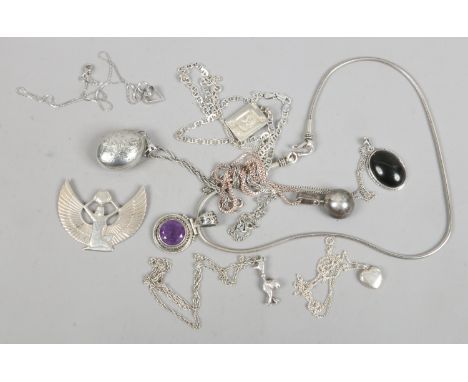 A box of silver chains, pendants and lockets including amethyst pendant on snake chain.