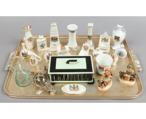 A tray of collectables including crested wares, Goebel figures, an Art Deco bakelite jewellery box etc.