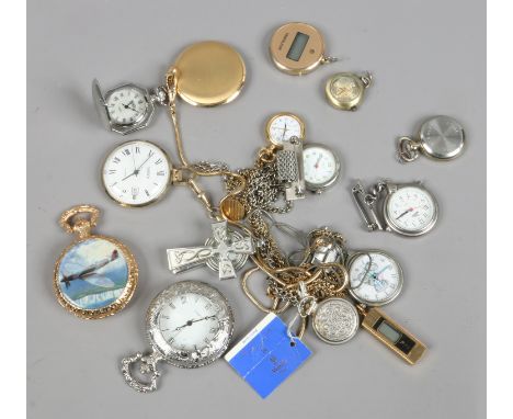 A box of pocket and pendant watches including a Rotary full hunter quartz pocket watch.