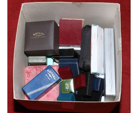 A box of mostly jewellery and watch boxes including Rotary and Omega examples.