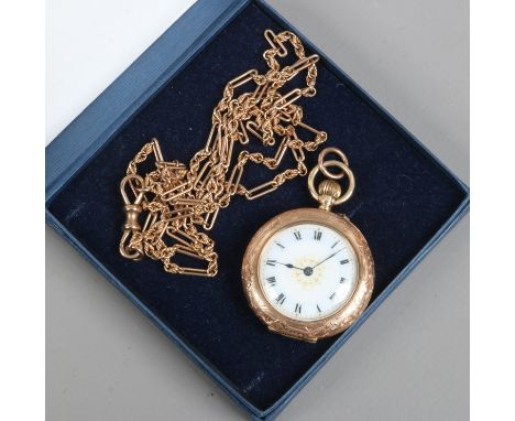 A 12ct gold fob watch with engraved case and enamel dial along with a 9ct gold guard chain, chain 15 grams gross weight of th