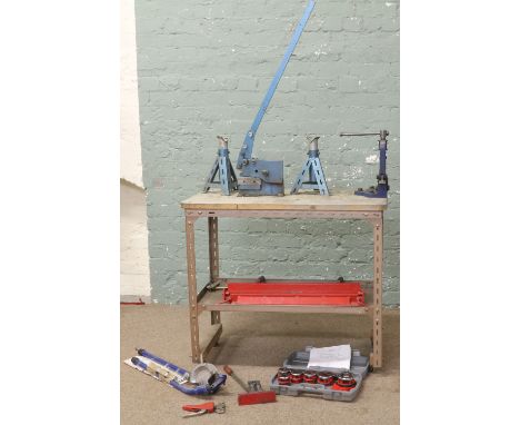 A Dexion constructed work bench fitted with record pipe vice, Gollath guiloteen record pipe bender, Clark 6 die pipe threadin