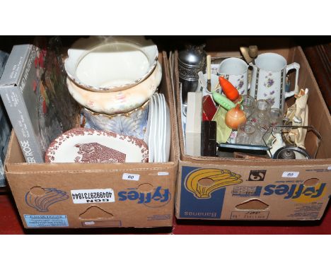 Two boxes of miscellaneous including Carltonware, Crown Devon 'beefeater' pattern Ironstone pottery dinnerwares, glasswares, 