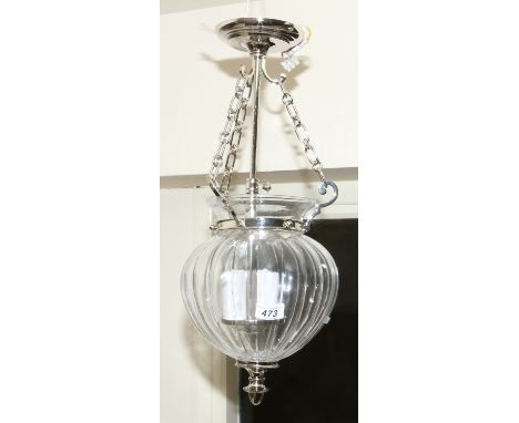 A chrome three branch and inverted dome hanging hall lantern.