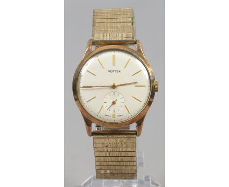 A gentlemans 9ct gold Vertex manual wristwatch on associated bracelet strap with satin dial, applied baton markers and subsid