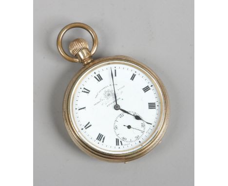 An American cased gold plated pocket watch with white enamel dial second subsidiary dial and marked Thos Russell & Sons.