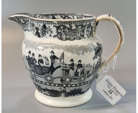 Unusual 19th Century Commemorative Pearl ware Staffordshire transfer printed black and white pottery baluster jug, 'Entrance 