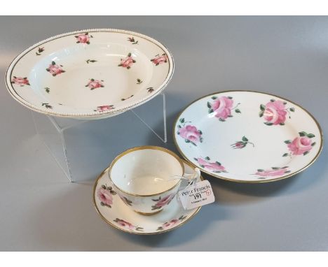 Collection of 19th Century Swansea porcelain rose design items to include: cabinet cup and saucer and two similar shallow dis