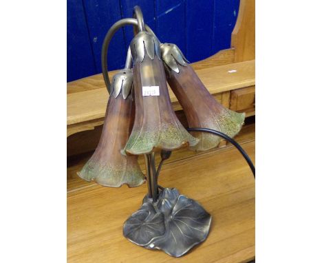 Art Nouveau design three bulb oxidised metal table lamp. (B.P. 21% + VAT) Height is 40cm approx.